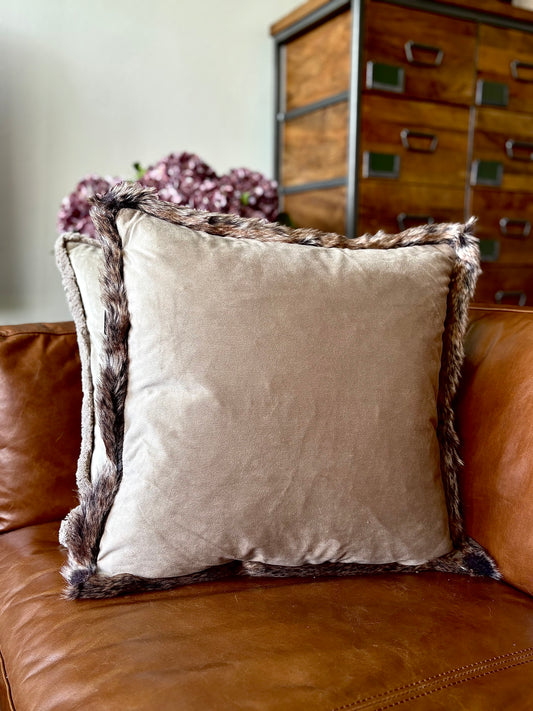 Taupe Fur Trimmed Velvet Cushion | Luxury Home Décor