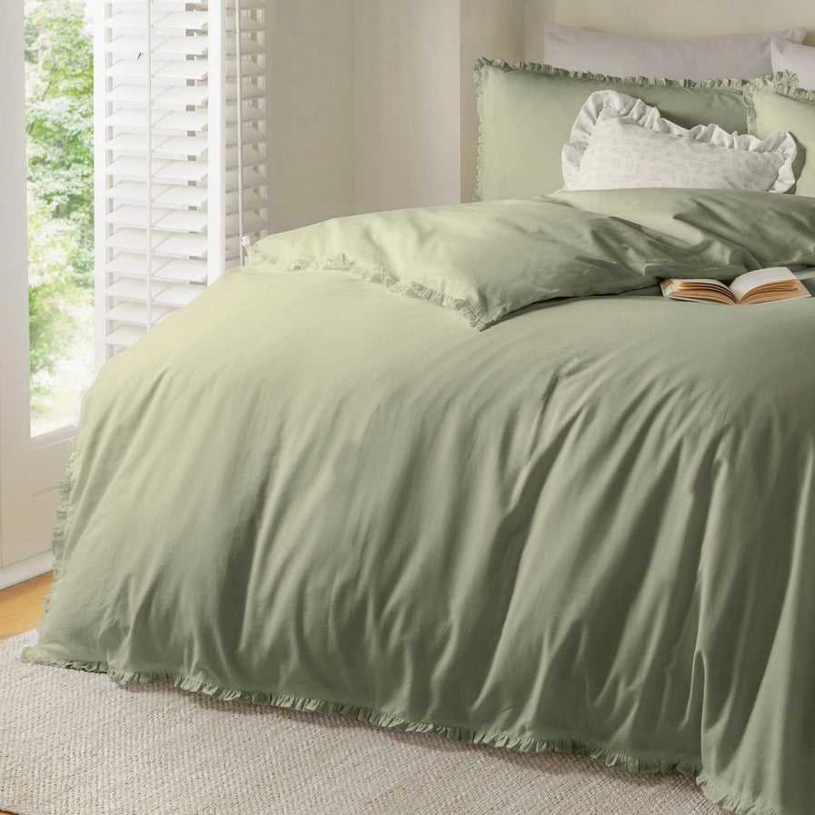 Cotton Ruffle Duvet Cover Set Sage