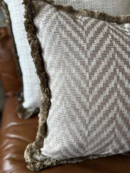 The Enid Taupe Cushion with Fringe Trim | Luxury Home Décor