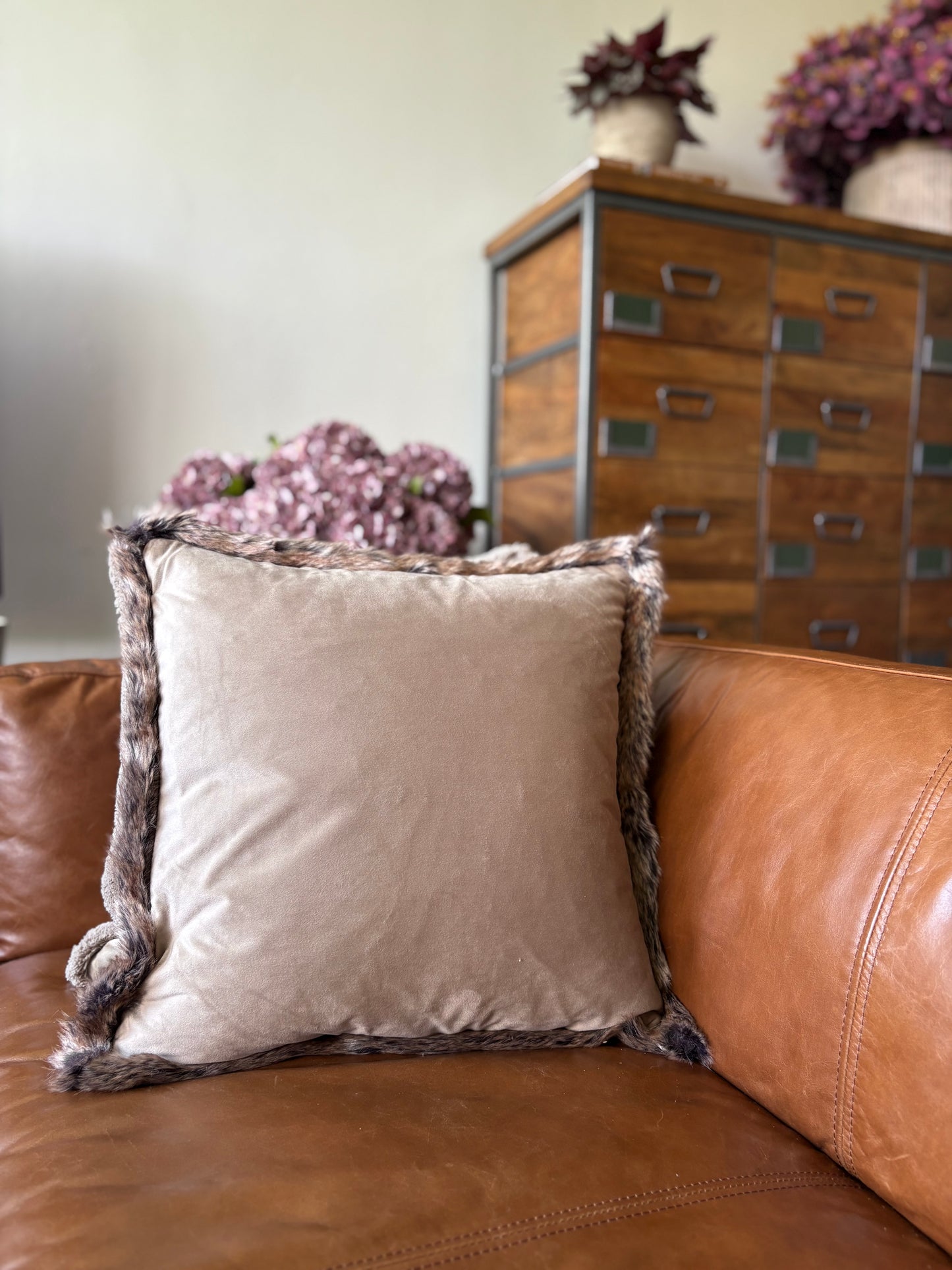 Taupe Fur Trimmed Velvet Cushion | Luxury Home Décor