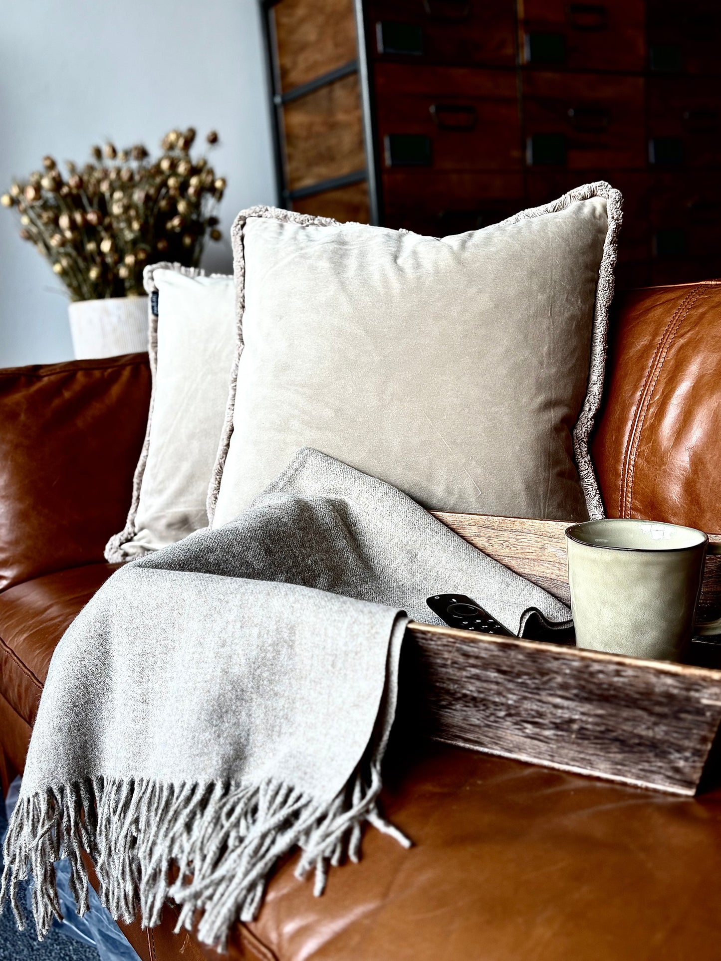Taupe Fringe Trimmed Velvet Cushion | Luxury Home Décor