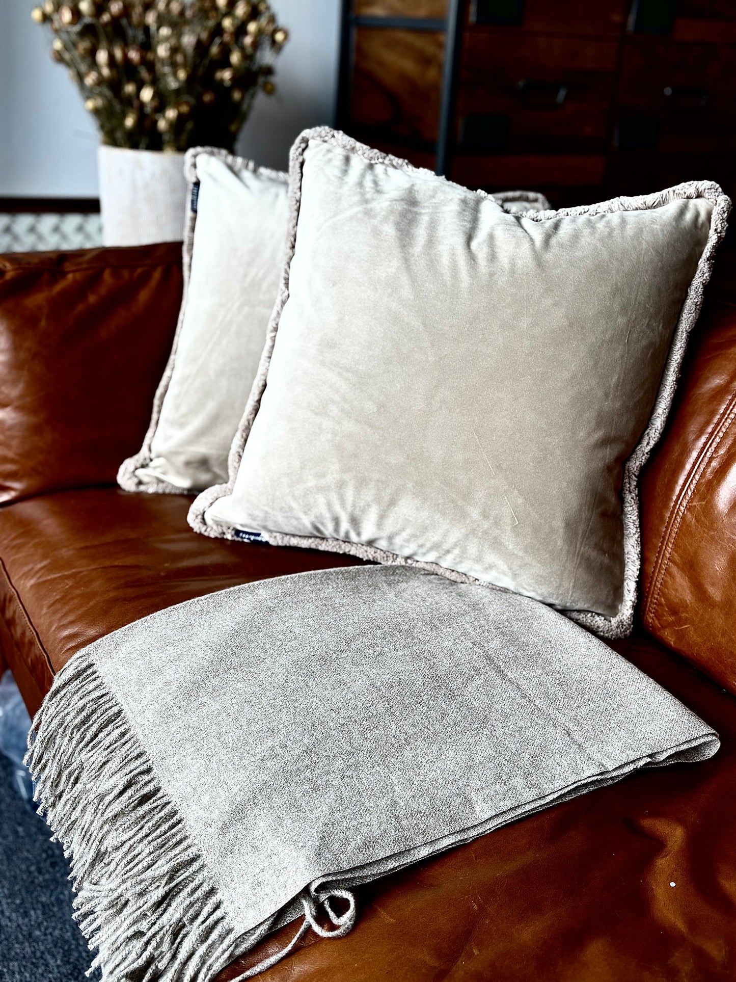 Taupe Fringe Trimmed Velvet Cushion | Luxury Home Décor