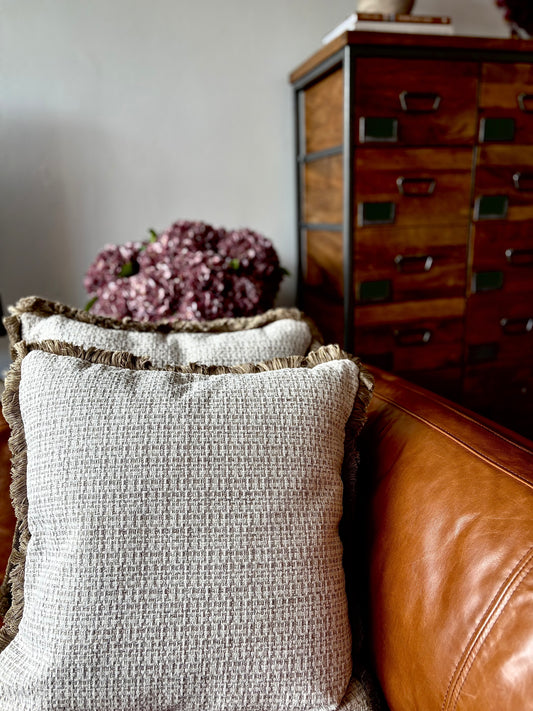 The Enid Cream Cushion with Fringe Trim | Luxury Home Décor