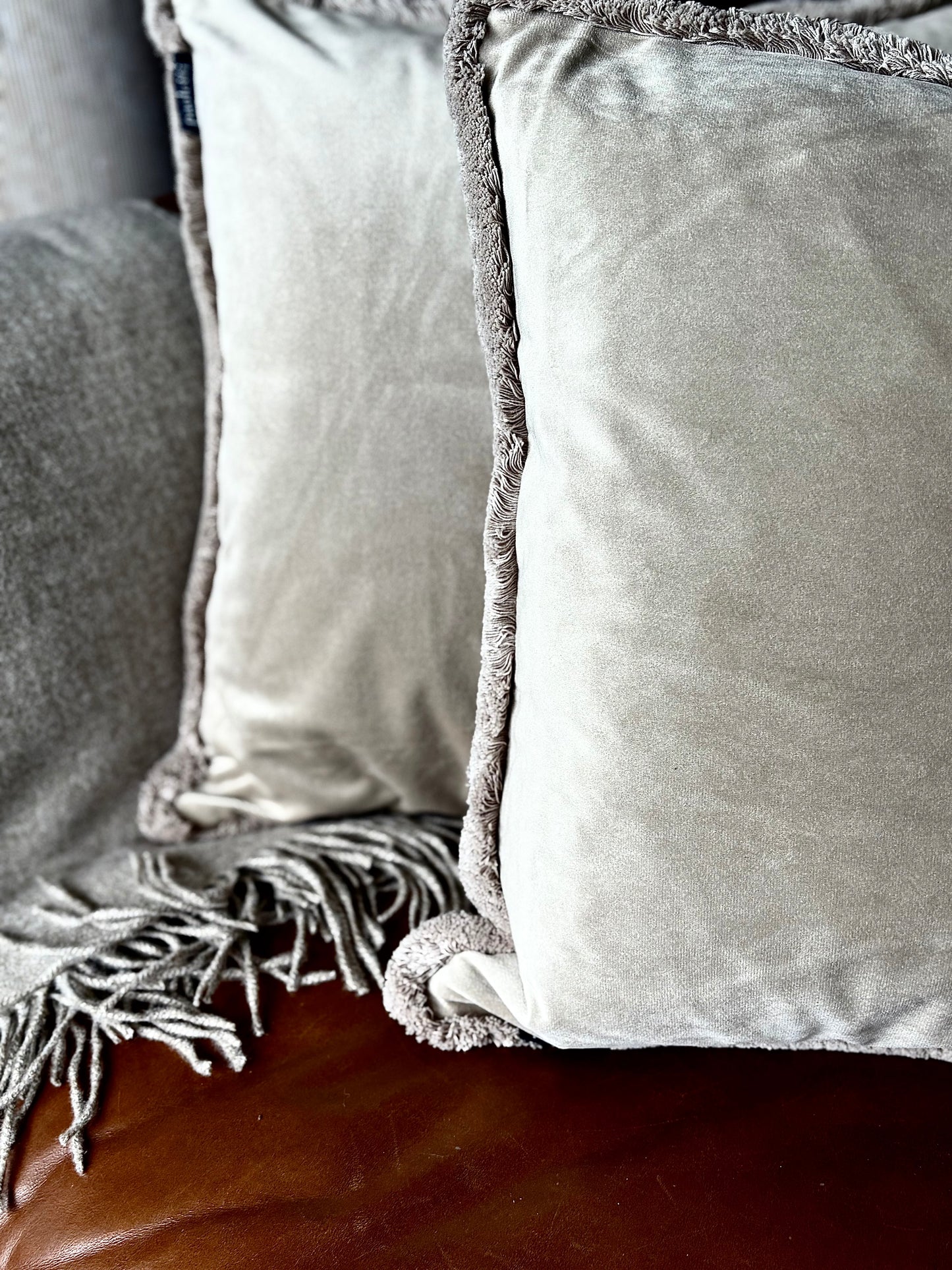Taupe Fringe Trimmed Velvet Cushion | Luxury Home Décor