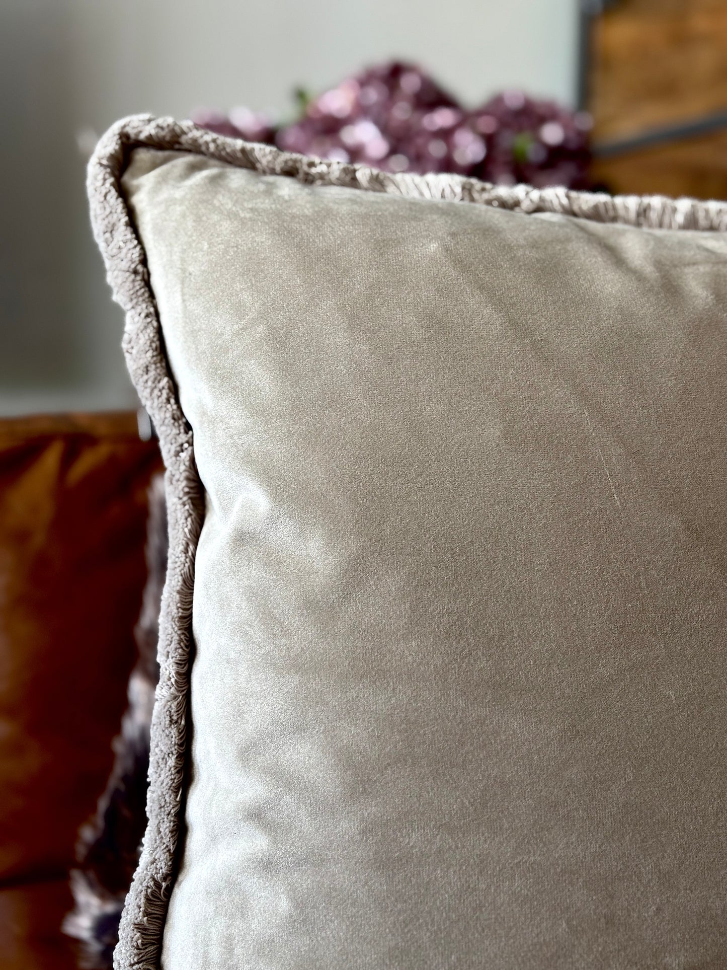 Taupe Fringe Trimmed Velvet Cushion | Luxury Home Décor