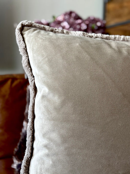 Taupe Fringe Trimmed Velvet Cushion | Luxury Home Décor