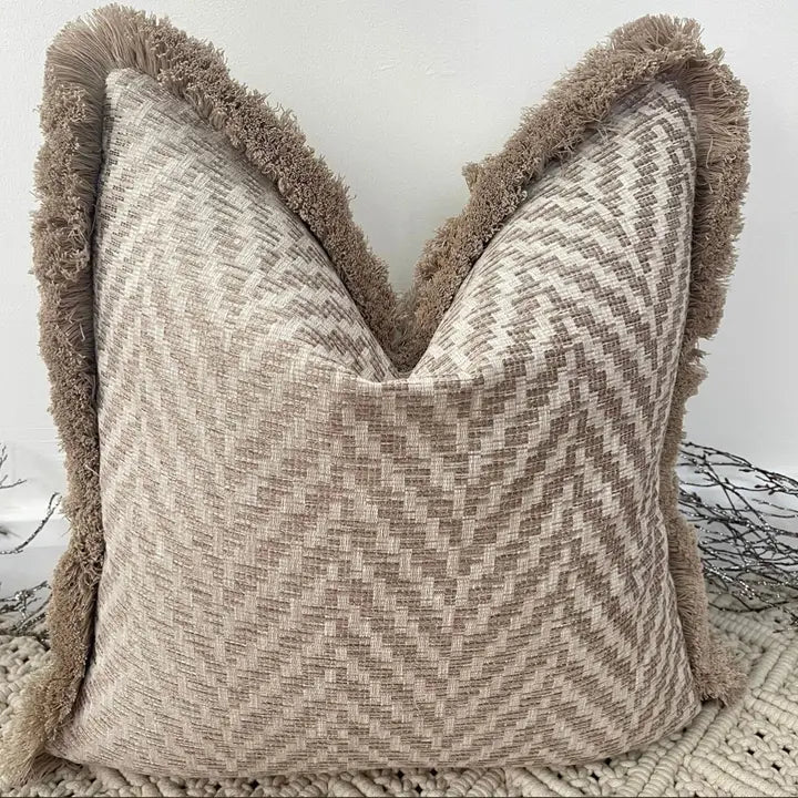 The Enid Taupe Cushion with Fringe Trim | Luxury Home Décor