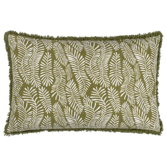 Olive Print Cushion with fringe | Luxury Home Décor