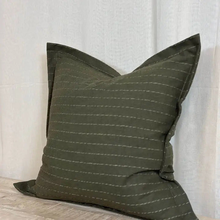 Khaki Linen Blend Cushion with a pinstripe | Luxury Home Décor