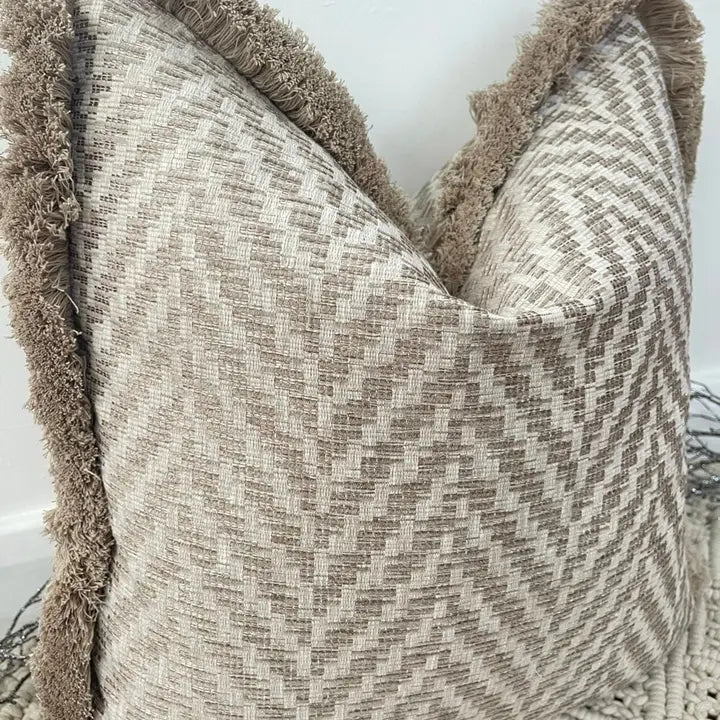 The Enid Taupe Cushion with Fringe Trim | Luxury Home Décor