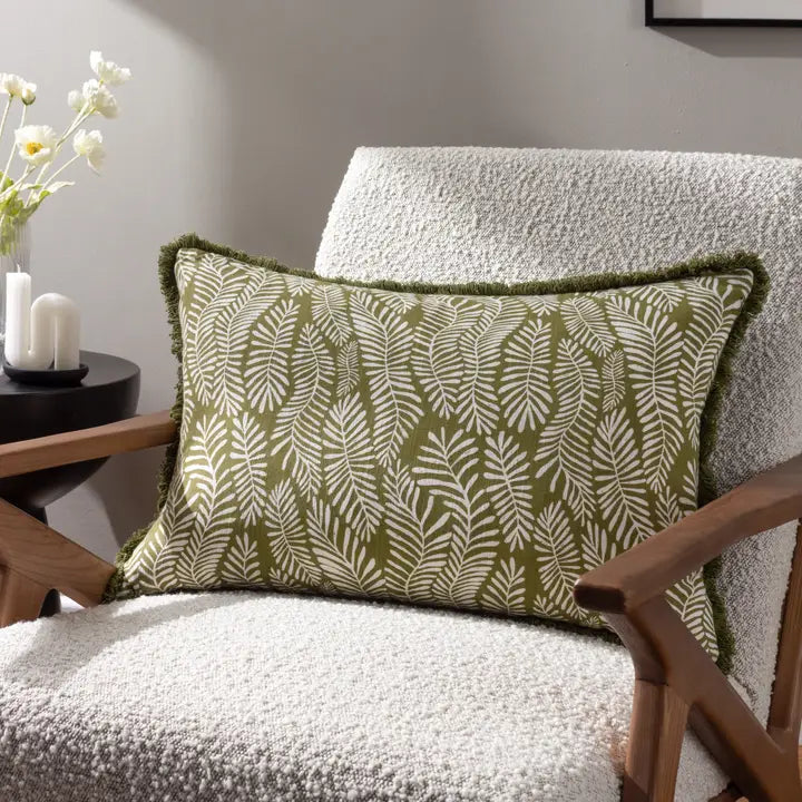 Olive Print Cushion with fringe | Luxury Home Décor