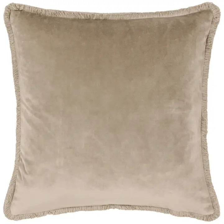 Taupe Fringe Trimmed Velvet Cushion | Luxury Home Décor