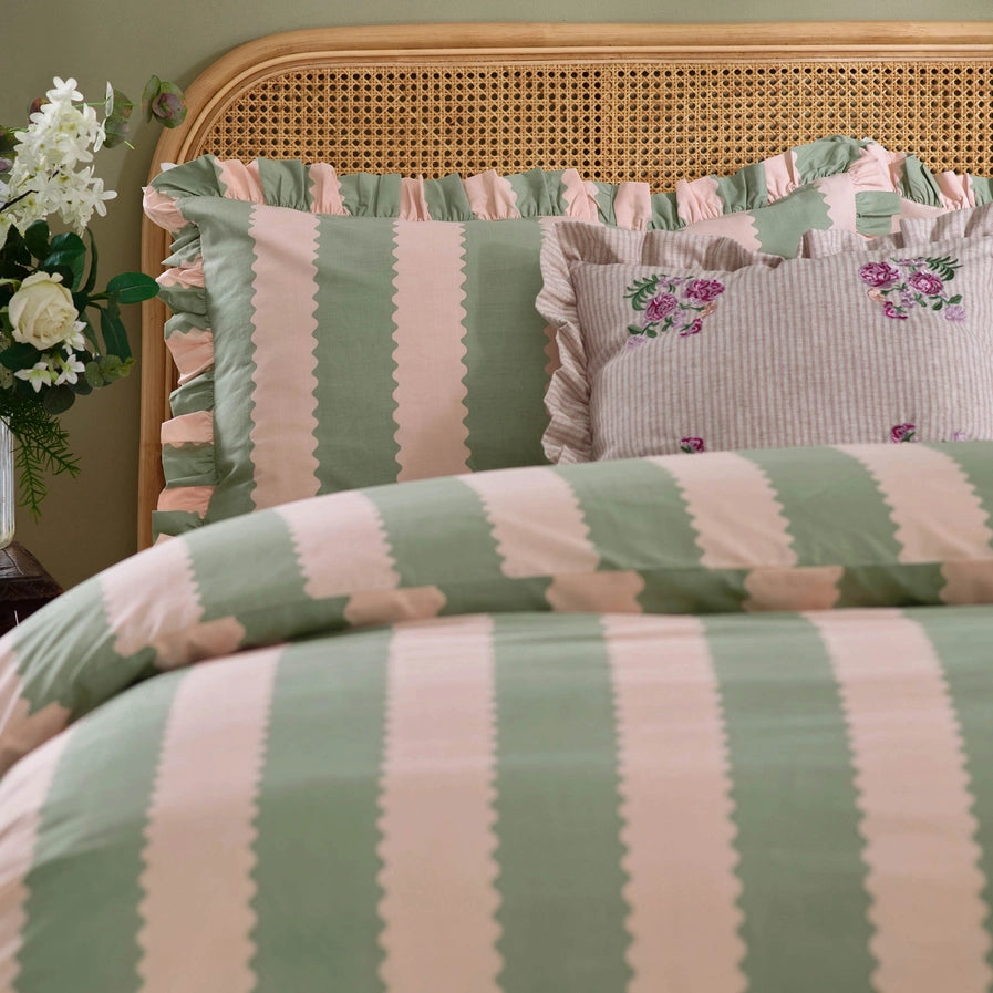 Stripe Ruffle Duvet Cover Set Pink/Green