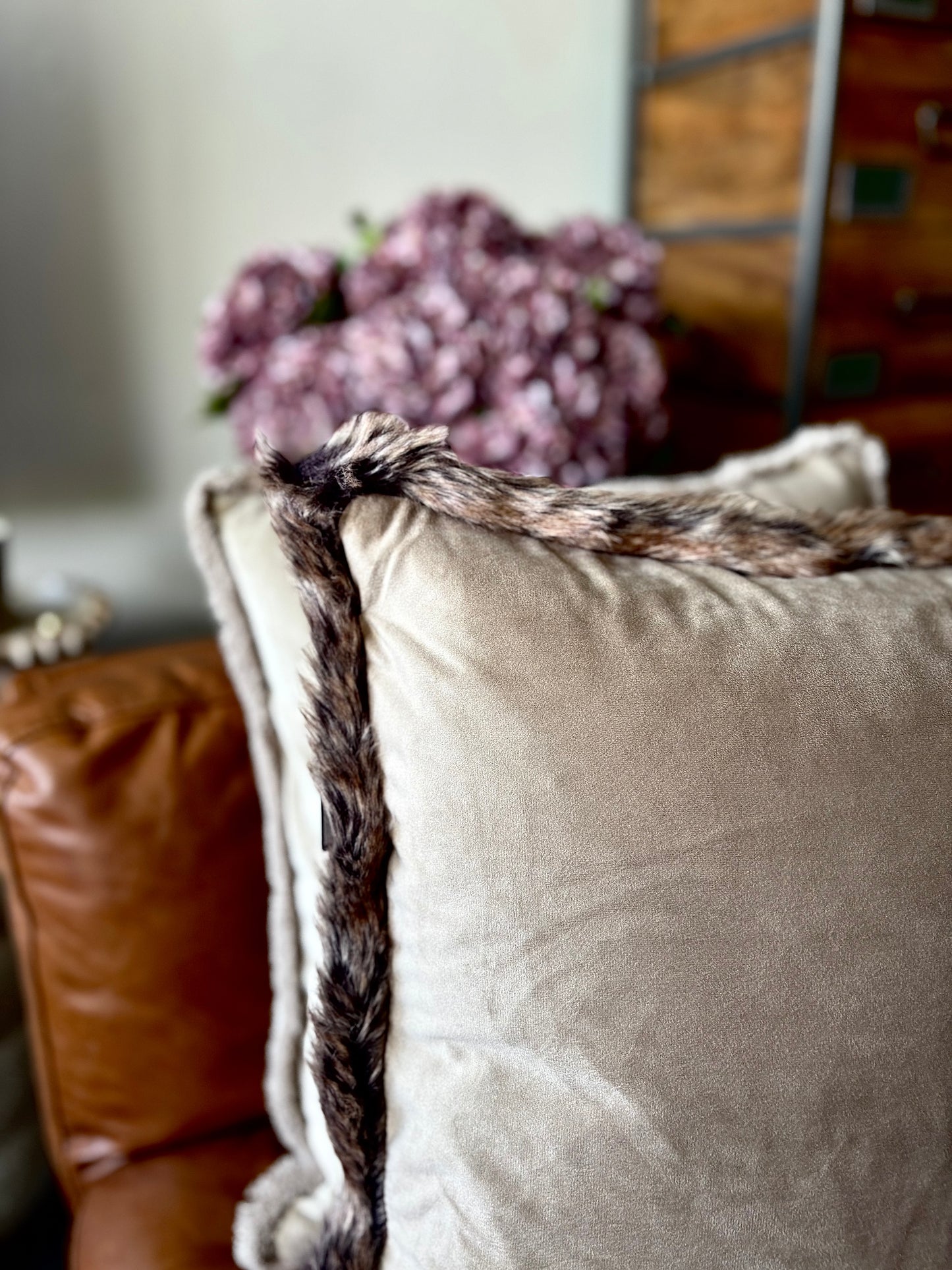 Taupe Fur Trimmed Velvet Cushion | Luxury Home Décor