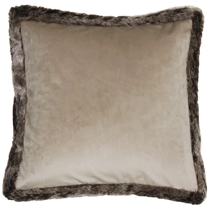 Taupe Fur Trimmed Velvet Cushion | Luxury Home Décor