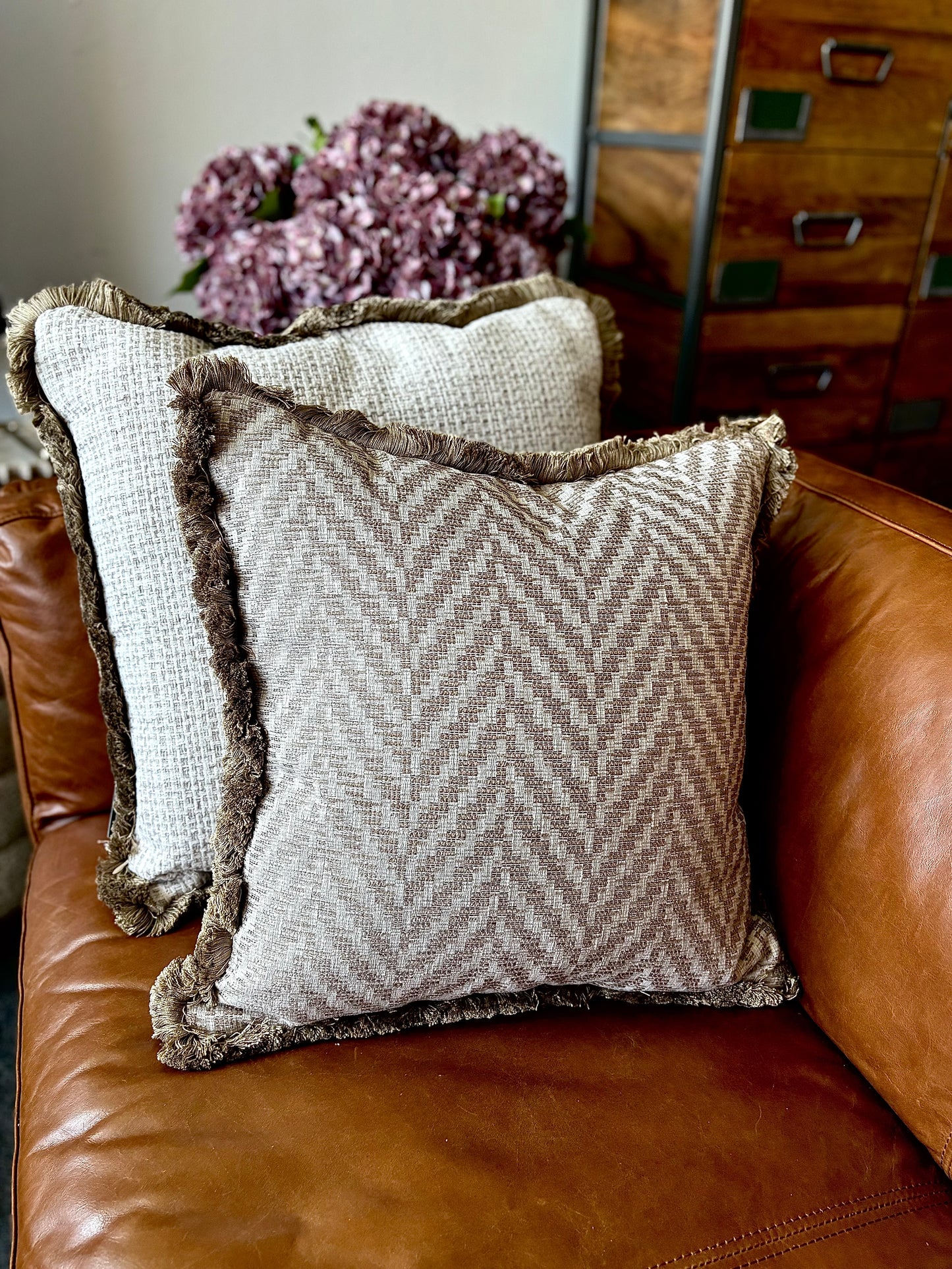 The Enid Taupe Cushion with Fringe Trim | Luxury Home Décor