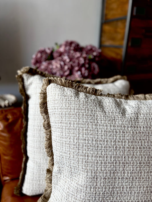 The Enid Cream Cushion with Fringe Trim | Luxury Home Décor