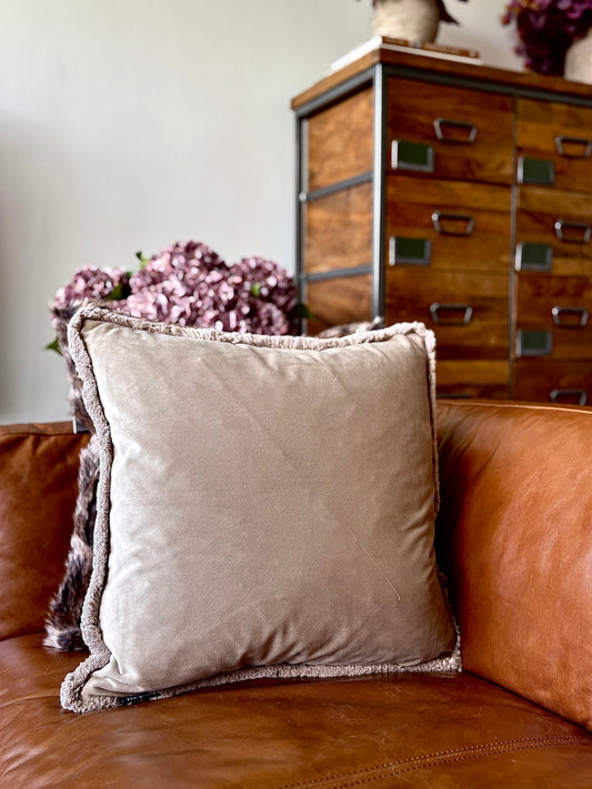 Taupe Fringe Trimmed Velvet Cushion | Luxury Home Décor
