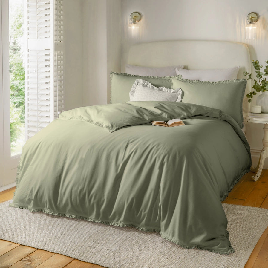 Cotton Ruffle Duvet Cover Set Sage